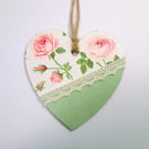 Pink roses wood decoupage and lace heart hanging decoration