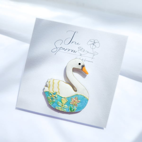 Hand-painted Swan Brooch
