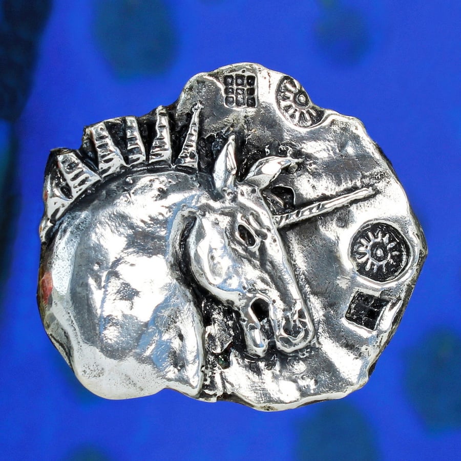 Artist-designed handmade sculpted Unicorn brooch, solid sterling silver.