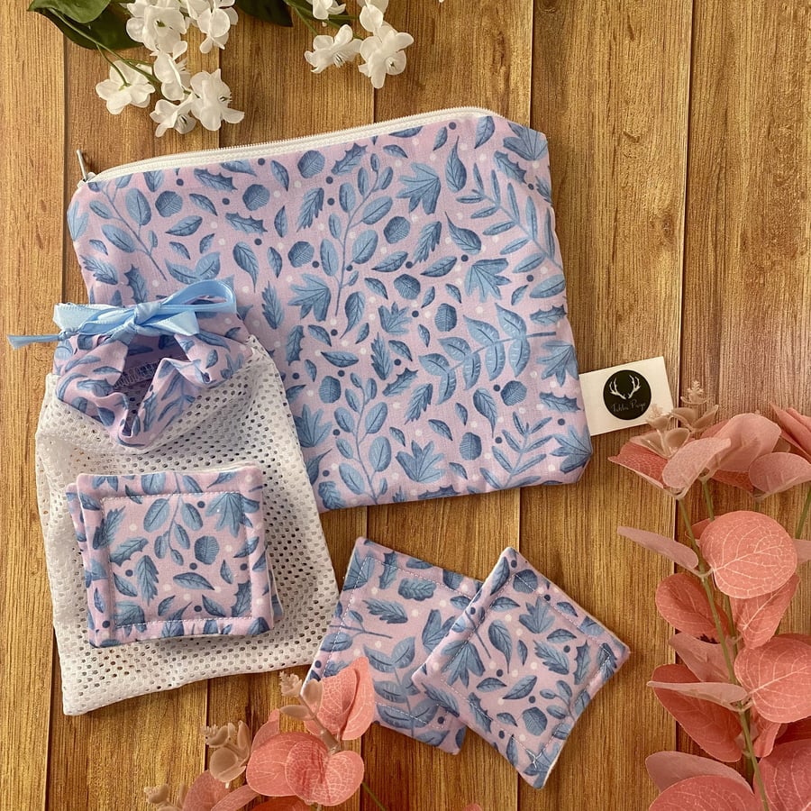 Blue Foliage Skincare Essentials Giftset Reusable Skincare Pads, Pouch and Washb