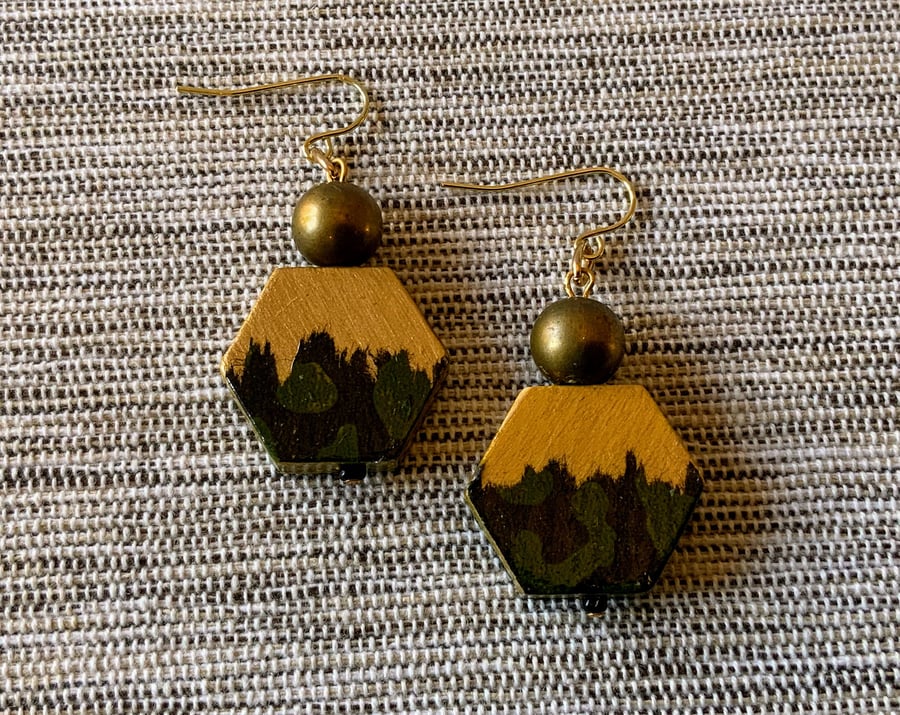 Hexagon Wood Decoupaged Earrings