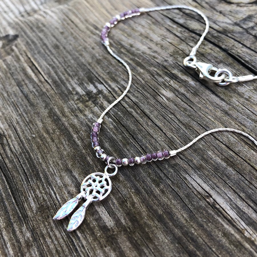 Dream catcher & purple seed bead floating anklet. Sterling silver. 