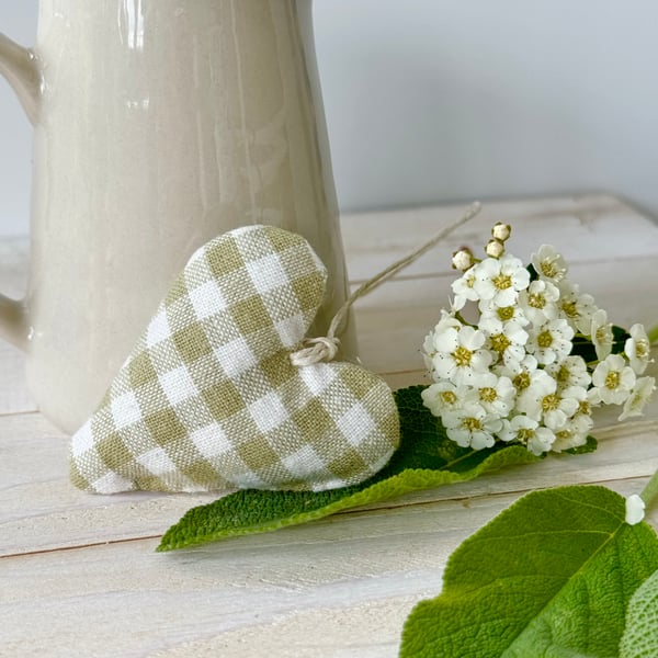 MINI HEART DECORATION - sage green gingham checks, with lavender