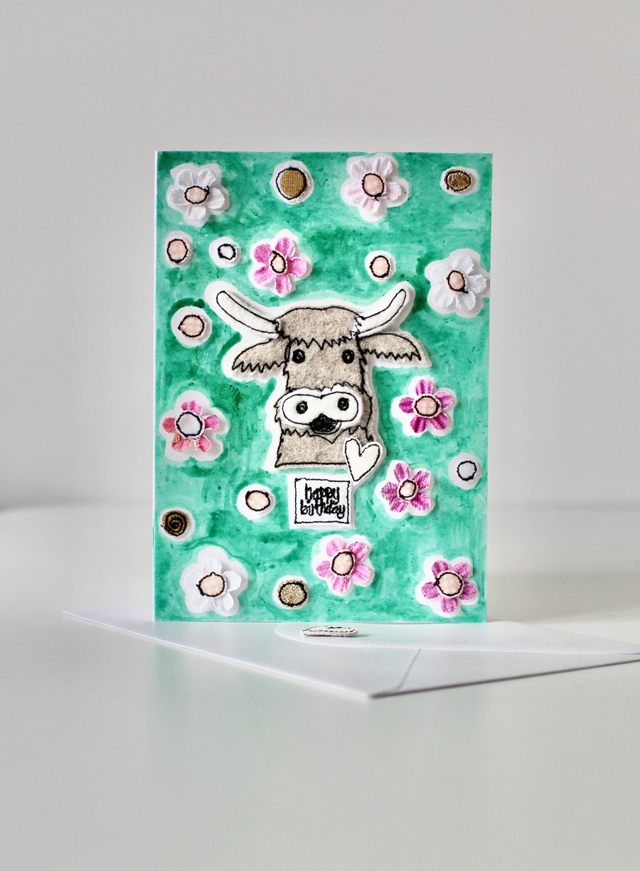 'Happy Highland Cow' - Handmade C6 Blank Birthday Card