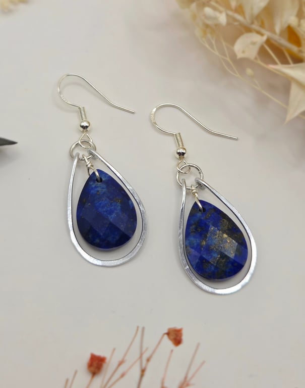 Lapis lazuli teardrop dangle earrings with hammered silver wire frames