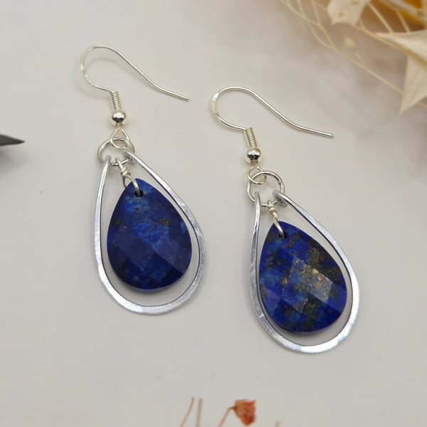 Lapis lazuli teardrop dangle earrings with hammered silver wire frames