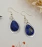 Handmade lapis lazuli teardrop dangle earrings with hammered silver wire frames