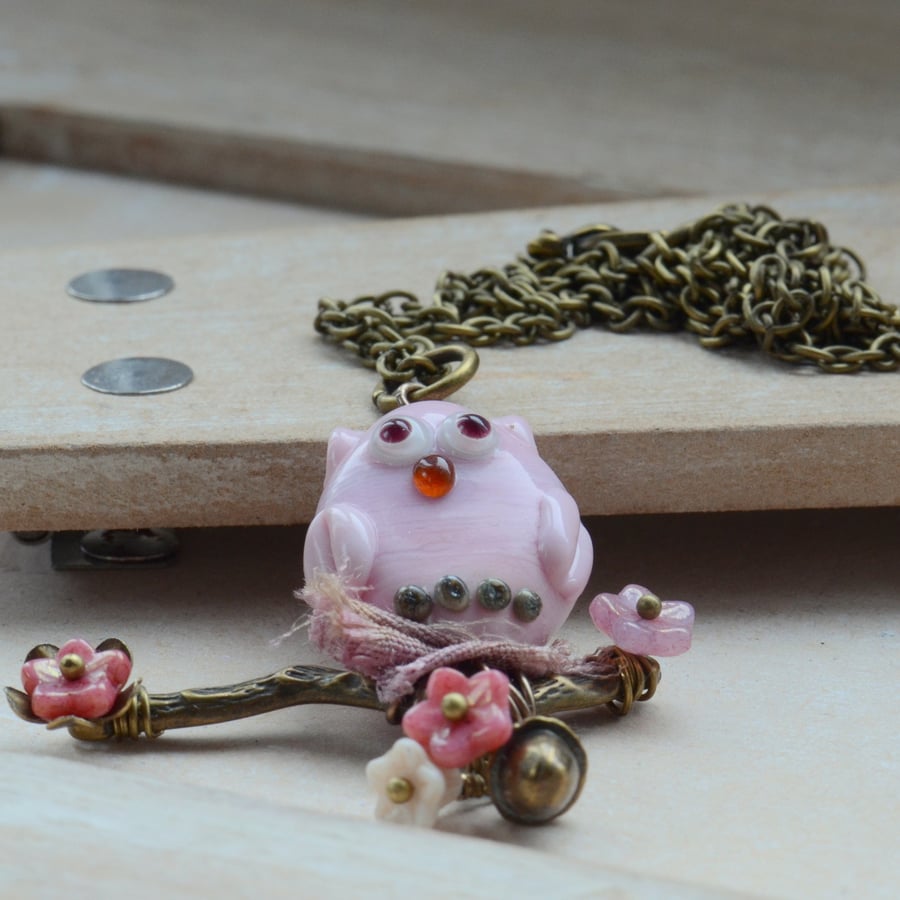 Lampwork Glass Pink Owl, Branch & Flower Pendant Necklace