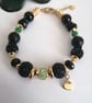 Gold, green & black beaded bracelet, heart charm,  - Image 5