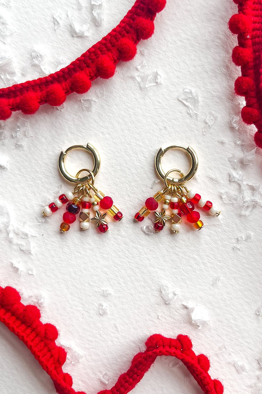 Ruby Red & Gold Star Charm Earrings – Festive Glass Bead & Pearl Hoops