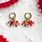 Ruby Red & Gold Star Charm Earrings – Festive Glass Bead & Pearl Hoops