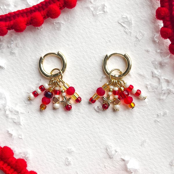 Ruby Red & Gold Star Charm Earrings – Festive Glass Bead & Pearl Hoops