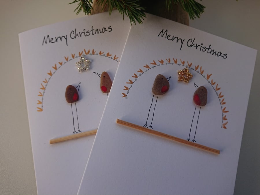 Sea Glass Robins Under a Gold Halo Christmas Card C395