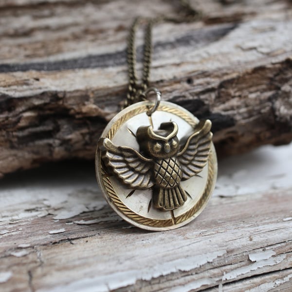 Upcycled steampunk theme - vintage watch dial - owl necklace - handmade