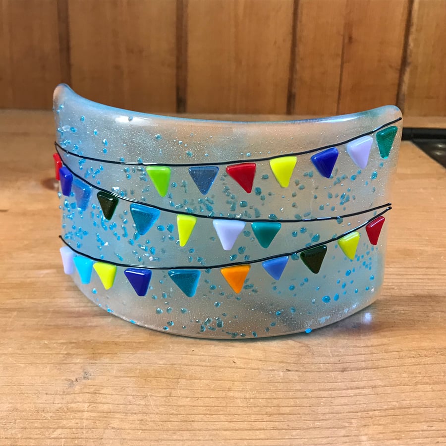 Colourful bunting fused glass decoration, candle shield. Reduced in price.