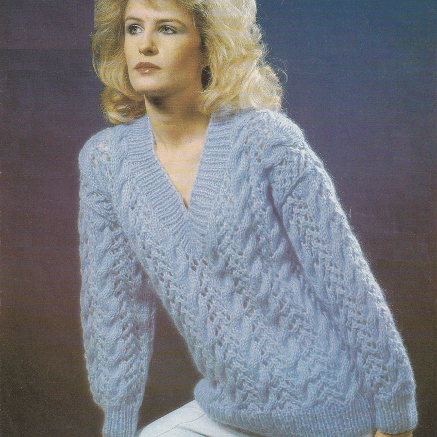 VINTAGE KNITTING PATTERN Ladies Blue Cable Chunky Sweater