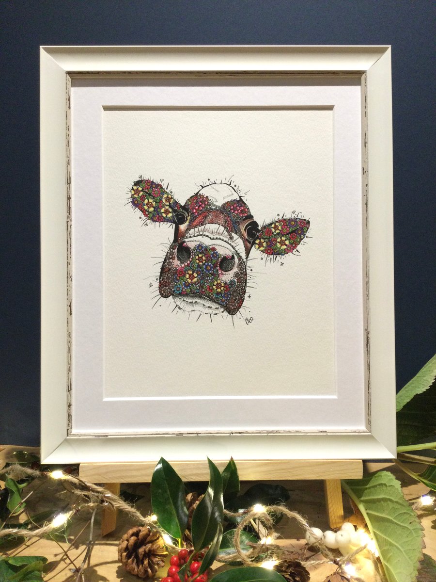 Framed Floral Cow Art Print (Primrose) 