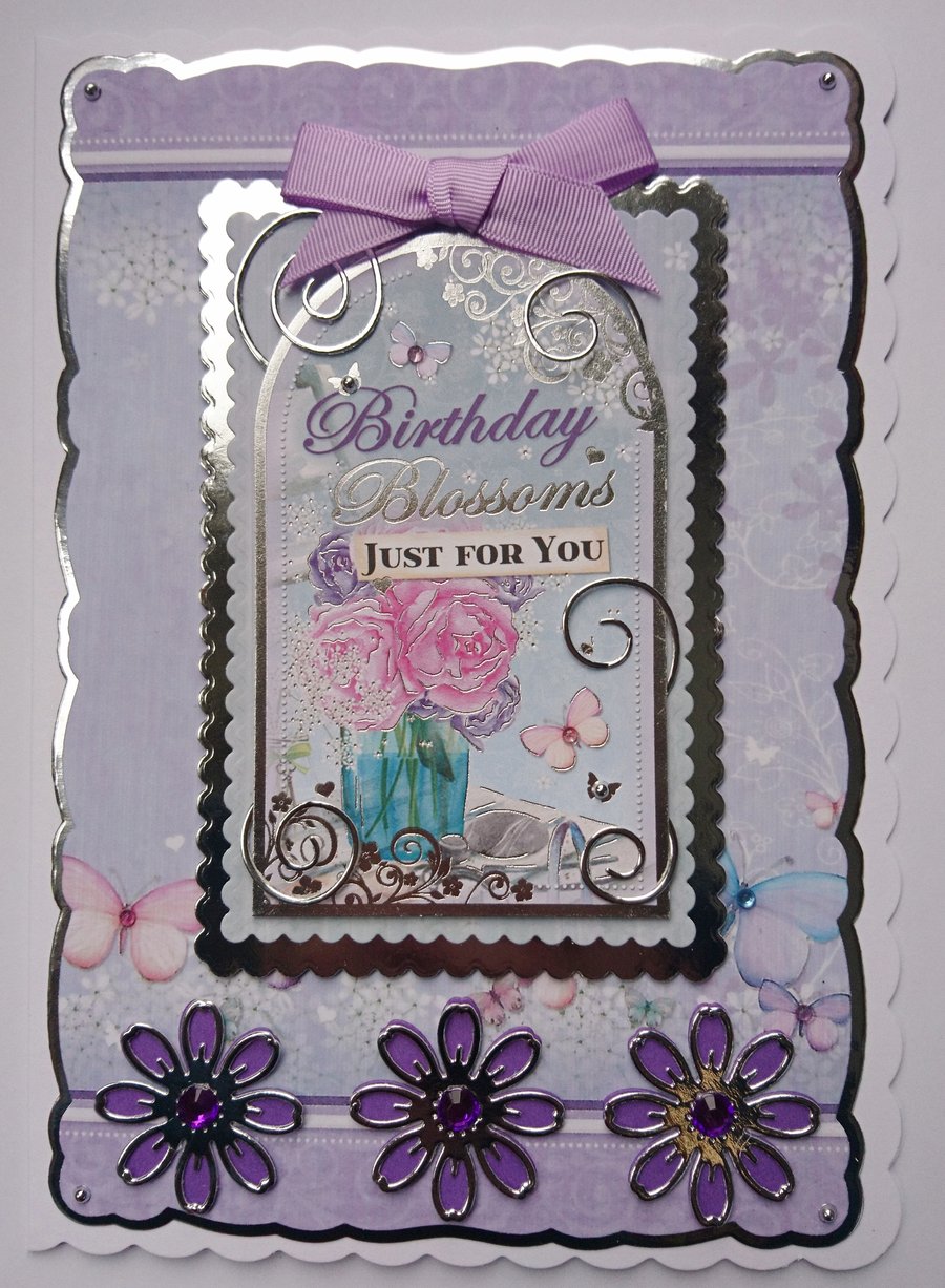 Birthday Card Vintage Birthday Blossoms Just for You 3D Luxury Handmade Card