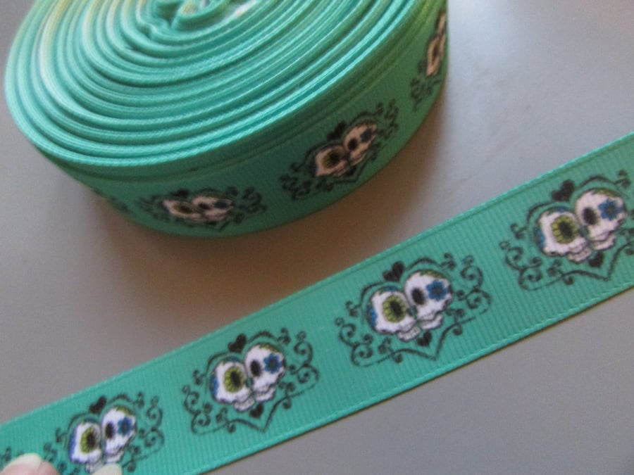 Green Gothic Sugar Skull Grosgrain Ribbon 2.2cm x 1 Metre