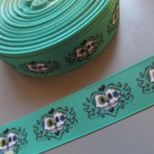 Green Gothic Sugar Skull Grosgrain Ribbon 2.2cm x 1 Metre