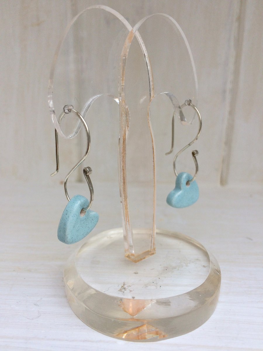 SALE Baby Blue Ceramic Hearts on Sterling Silver S Wire Dangle Earrings