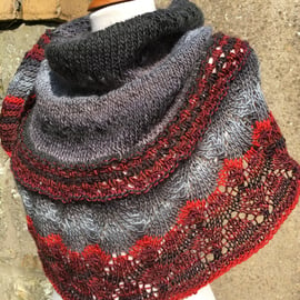 Hand knitted Lace Shawl in greys and reds