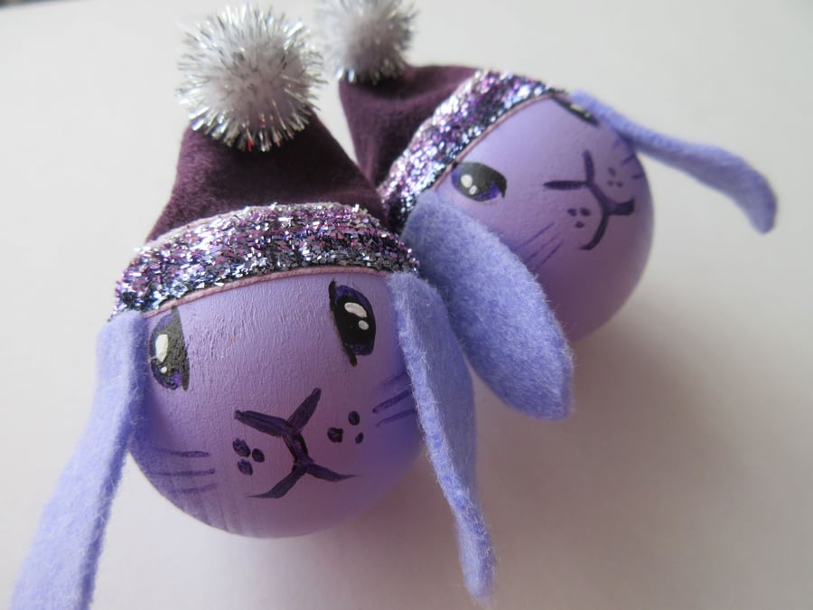 2x Purple Bunny Rabbit Head Christmas Tree Bauble Decorations