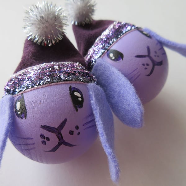 2x Purple Bunny Rabbit Head Christmas Tree Bauble Decorations