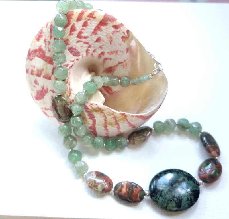 Natural Gemstone Necklace Greens Earth Tones Jasper, Quartz, Sterling Silver