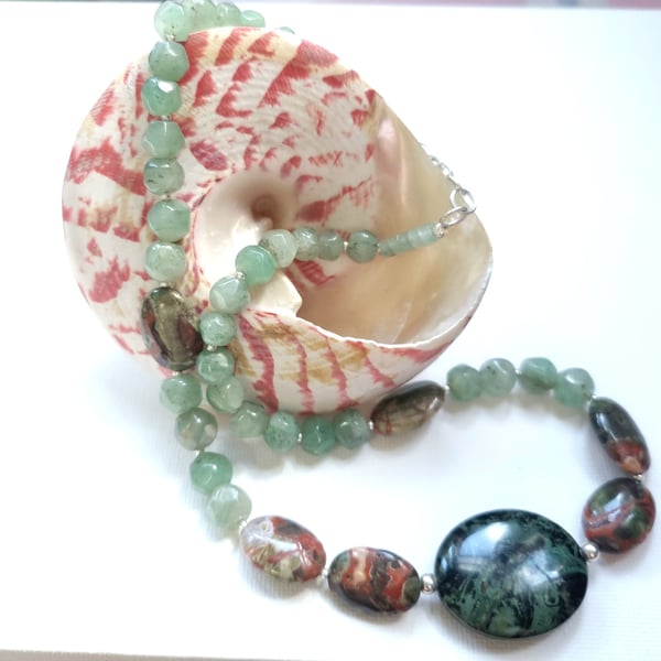 Natural Gemstone Necklace Greens Earth Tones Jasper, Quartz, Sterling Silver