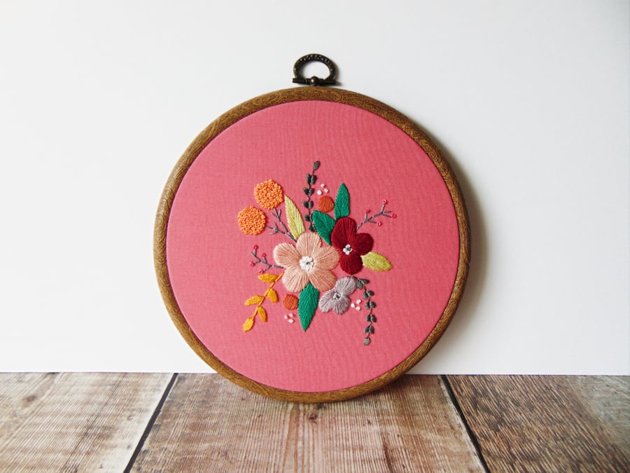 Pink Floral Hand Embroidery Hoop Art - Unique Gift For Her 