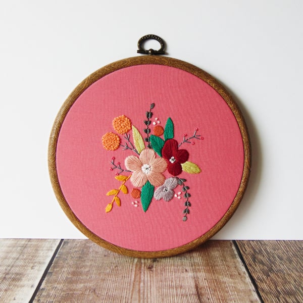 Pink Floral Hand Embroidery Hoop Art - Unique Gift For Her 
