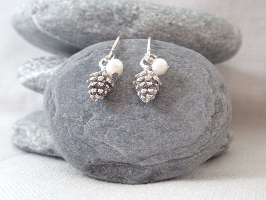 Silver Tone Pine Cone Earrings with Freshwater Pearls, winter earrings