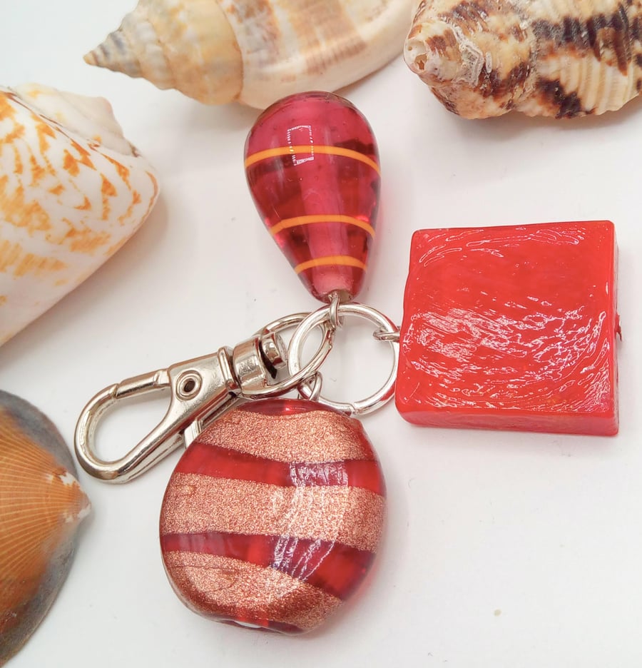 Red Square Bead Red and Gold Bead and Pink Tear Drop Bead Bag Charm