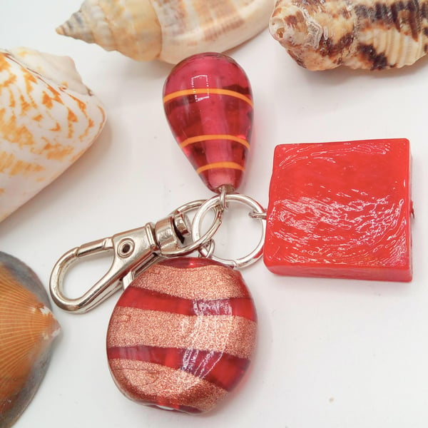 Red Square Bead Red and Gold Bead and Pink Tear Drop Bead Bag Charm
