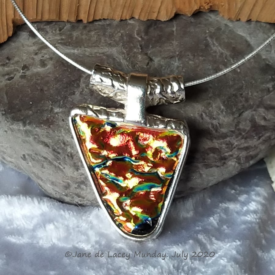 Blue and Orange Dichroic Glass and Fine Silver Pendant