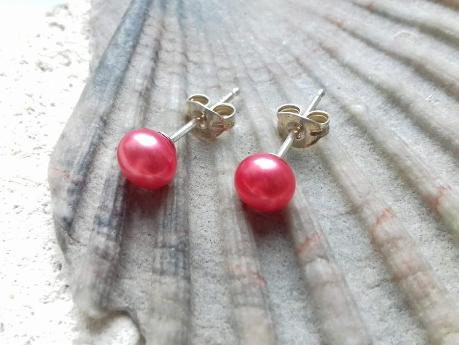 6mm Strawberry Pink Freshwater Pearl Studs with Sterling Silver Posts.