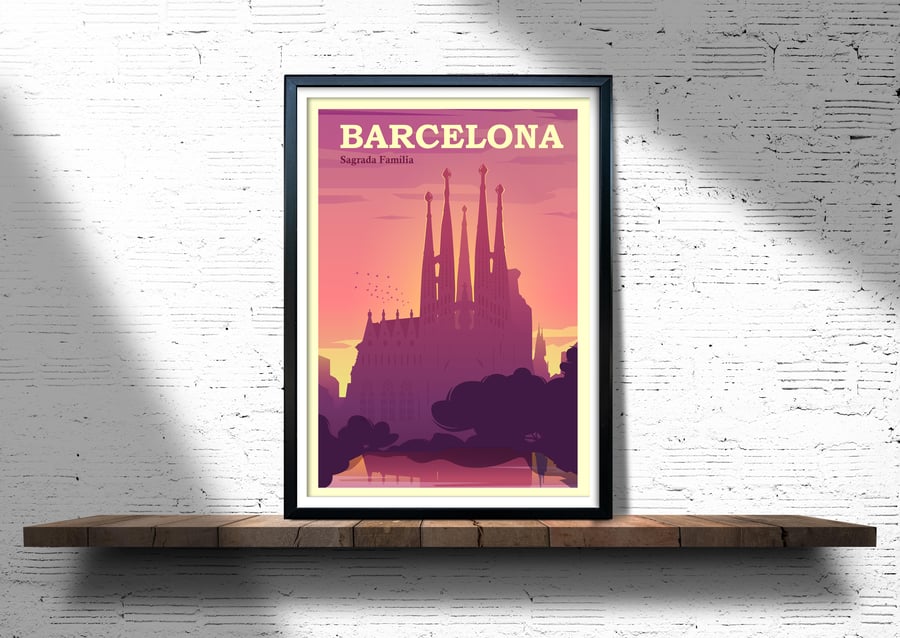 Barcelona retro travel poster, Sagrada Familia travel print, Spain travel print