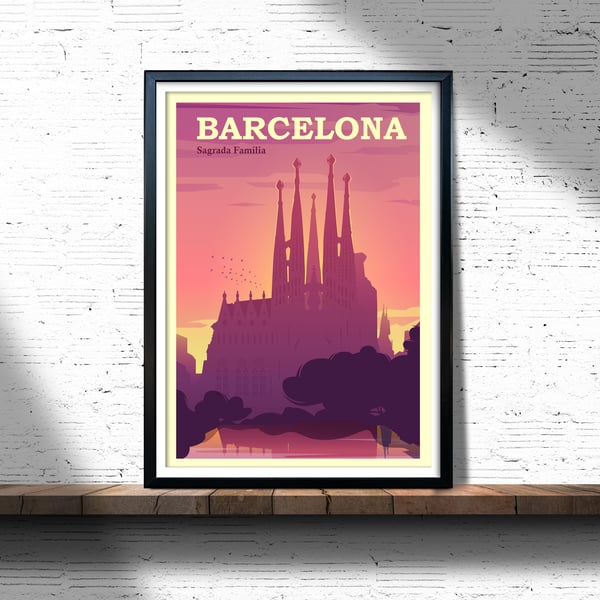 Barcelona retro travel poster, Sagrada Familia travel print, Spain travel print