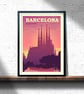 Barcelona retro travel poster, Sagrada Familia travel print, Spain travel print - Image 1