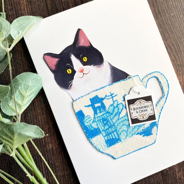 Tuxedo cat card, handmade cat card, card for cat lover, black and white cat