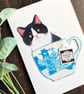 Tuxedo cat card, handmade cat card, card for cat lover, black and white cat