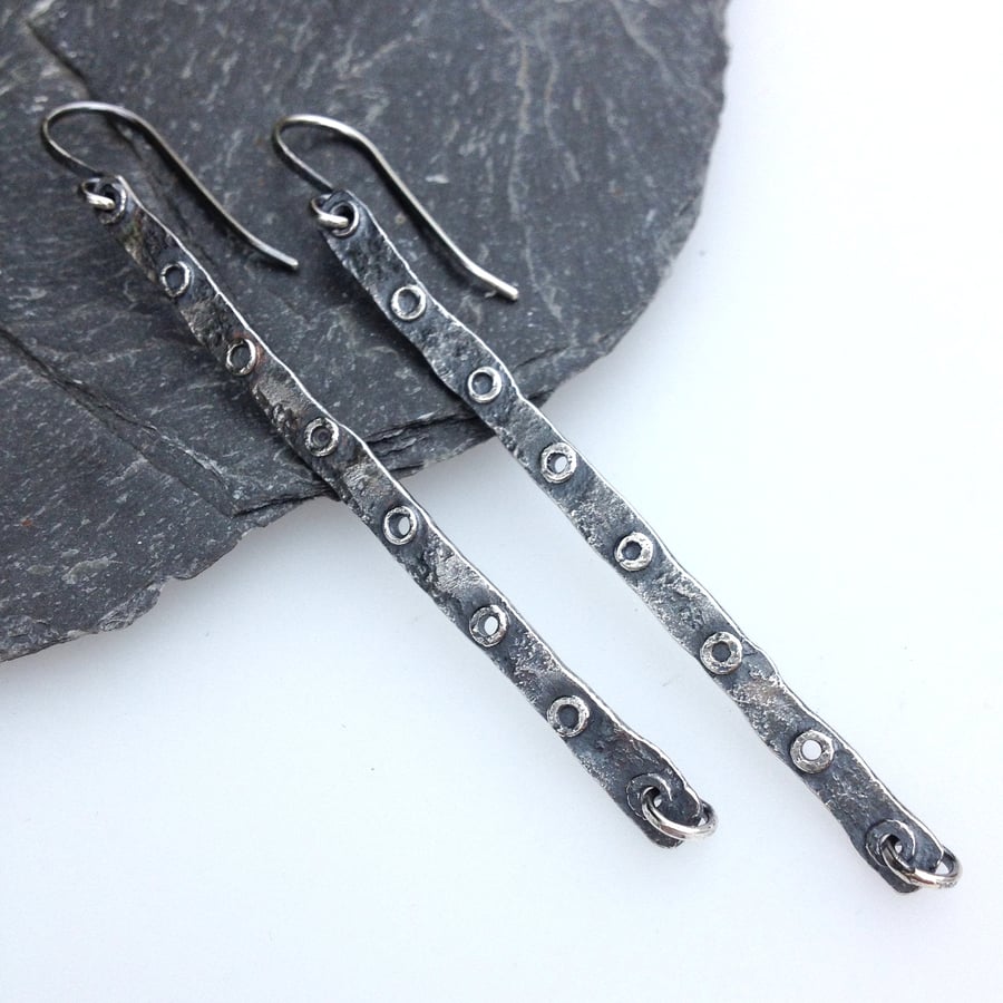 Oxidised sterling silver long Strap earrings industrial