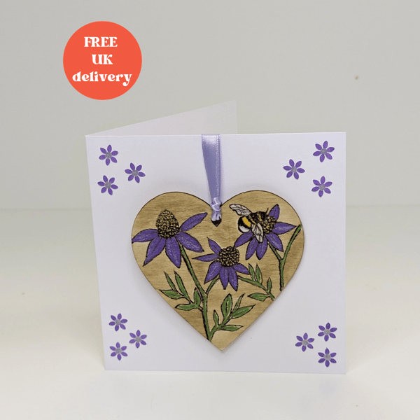 Handmade card with detachable pyrography wooden floral heart decoration