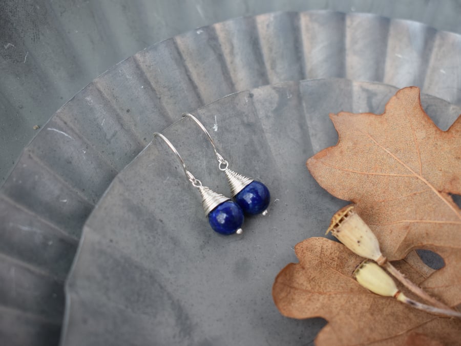 Lapis Lazuli Gemstone Earrings - Silver Wire Wrapped Drop Earrings