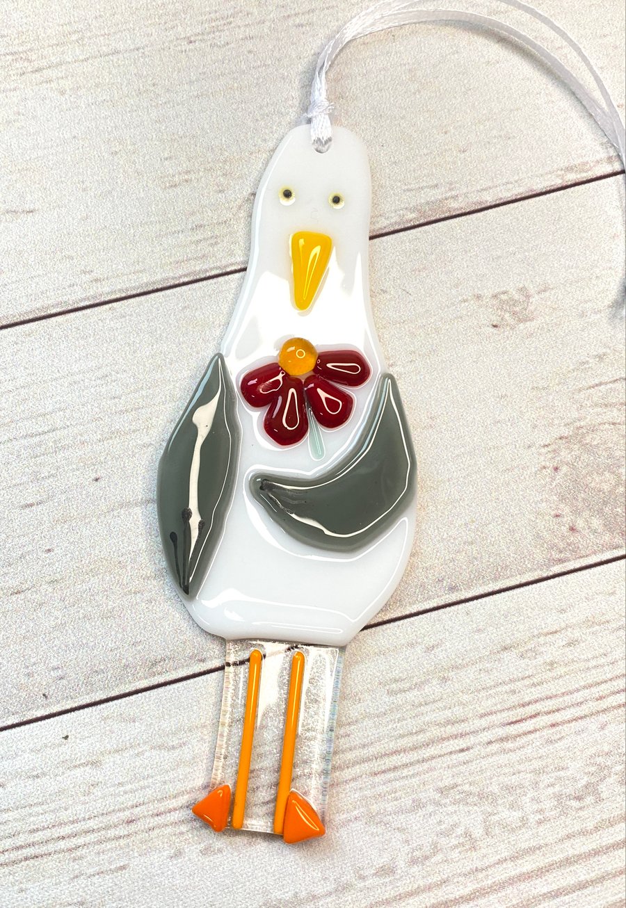 Mrs seagull - fused glass seagull hanging wall decoration 