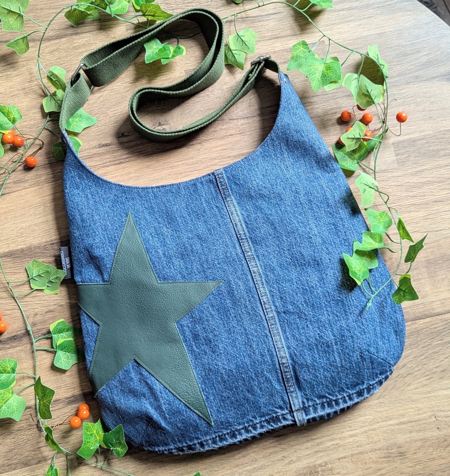 Denim Bag - recycled Denim Jeans Cross Body Bag with Dark Green Star Motif 