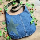 Denim Bag - recycled Denim Jeans Cross Body Bag with Dark Green Star Motif 