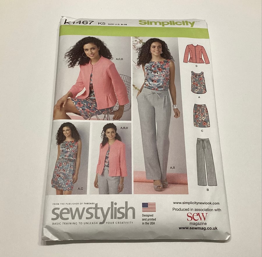 Sewing pattern, uncut, Simplicity K1467, top, jacket, trousers, skirt.
