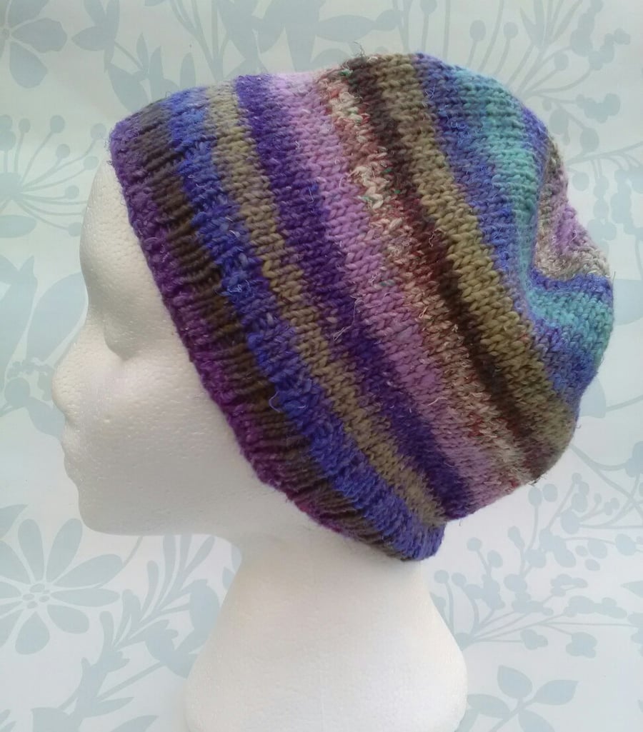 Handknit Noro Cotton wool silk Hat purple lilac blue MED